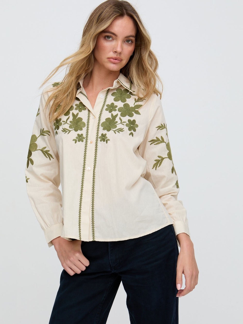 Embroidered Cream Button-Down Shirt with Olive Floral Motif